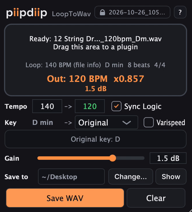 The LoopToWav plugin window, showing a 140 BPM loop converted to 120 BPM